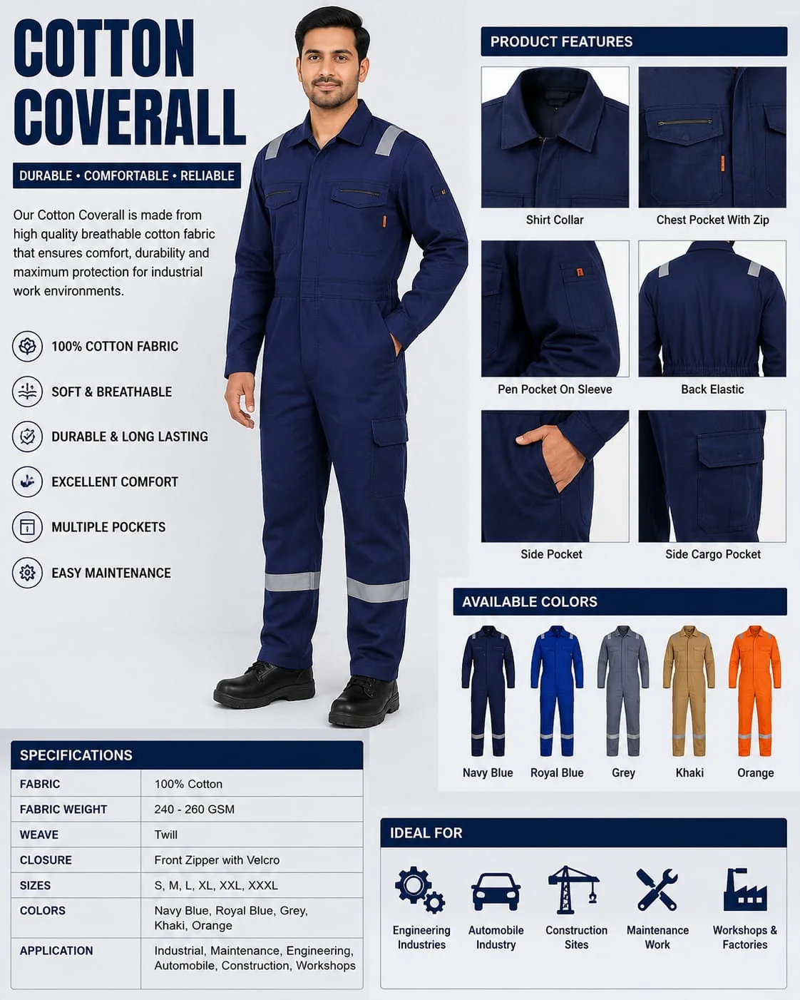 Premium Industrial Cotton Coverall — Breathable 100% cotton coverall with reflective tape, multiple pockets and an elasticated back for all-day industri...