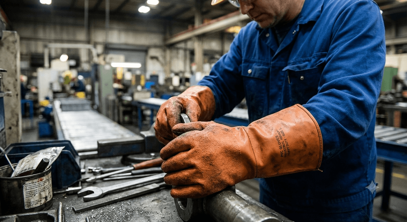 PVC Gloves – Black — Heavy-duty black PVC gloves for general-purpose wet and dry industrial tasks.